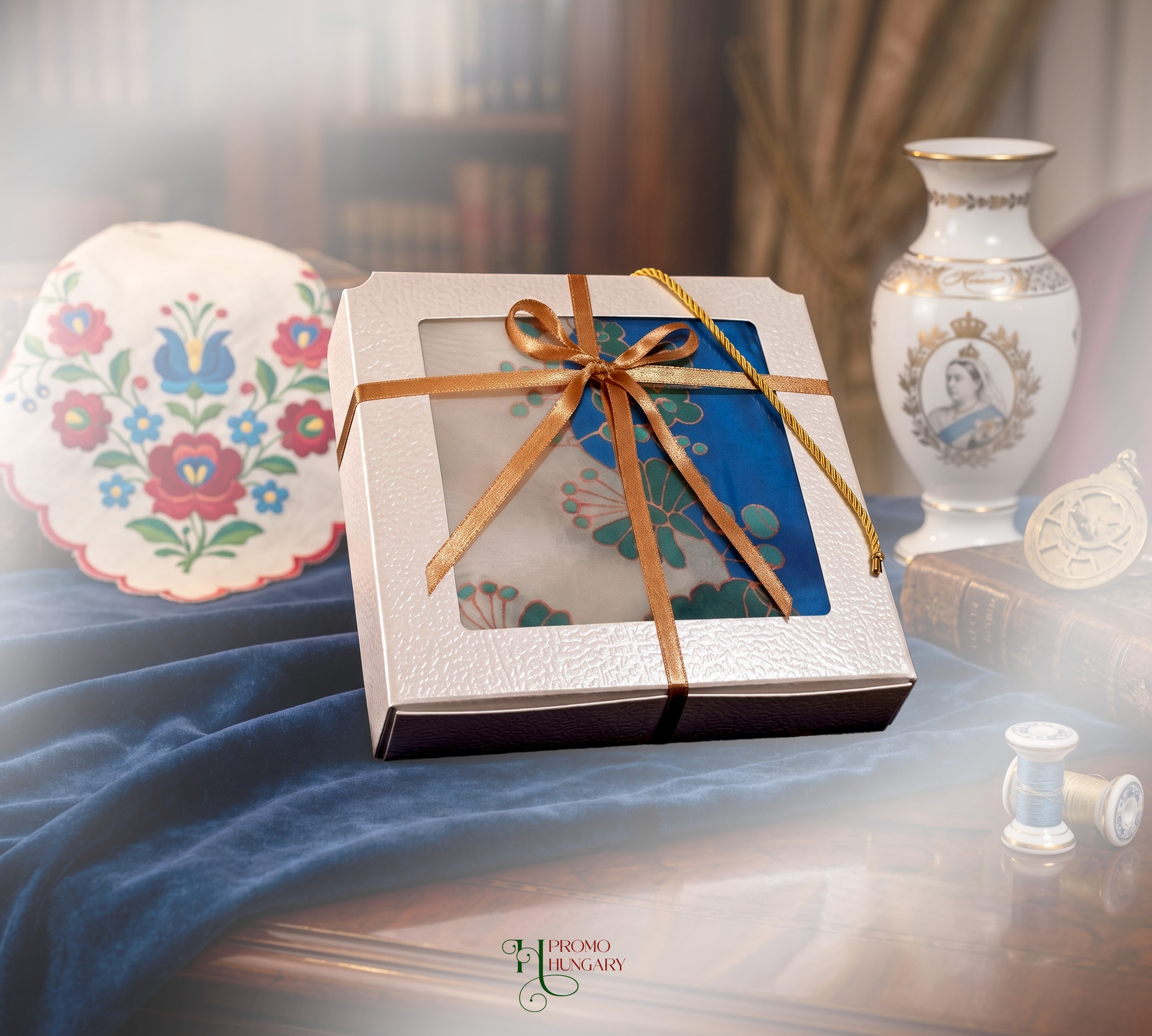 Hungarain Silk ajándék - FEHÉR SELYEM GAVROCHE KÉK MATYÓ MINTÁVAL